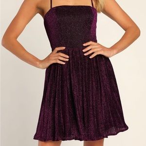 NWT Purple Sparkly Lace-Up Pleated Skater Dress